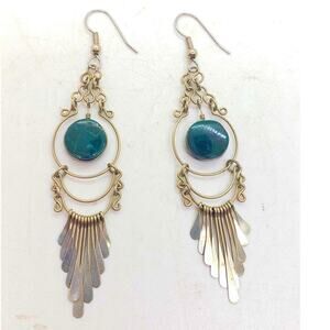 Boho Dangle Earrings Silver Tone Green Malachite Gem Chandelier Long 4.5 Inch